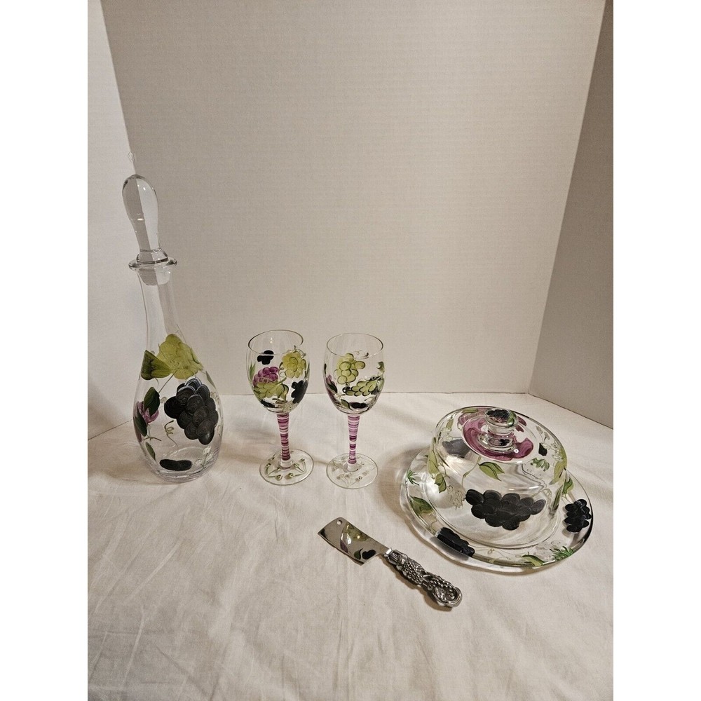 Unique Glass Wine Decanter, Glasses, And Cake/Cheese Plate Knife Set Handpainted